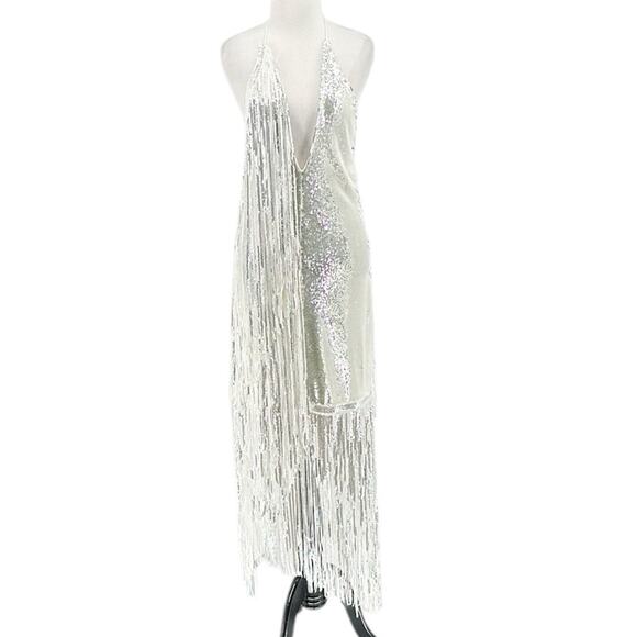 Rotate Birger Christensen Sequin Metallic Fringe Sleeveless Dress Silver Size 10 - Picture 8 of 16